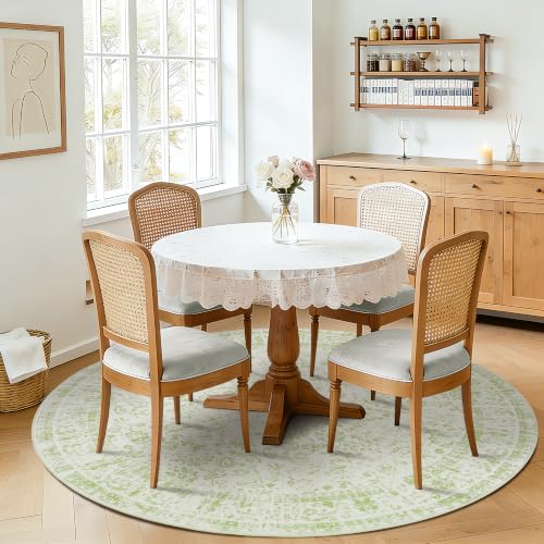 Sage Washable Area Rug 6x6 Vintage Floral Pattern for Living Room - Round 6' Sage Green
