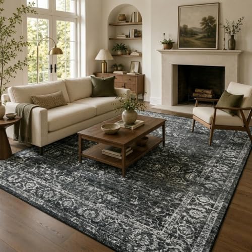 8' x 10' Black and Grey Area Rug - Washable Vintage Distressed Indoor Carpet