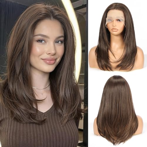 Brown Synthetic Lace Front Wig 20 Inch Long Layered Hair for Women - Glueless & Natural Hairline