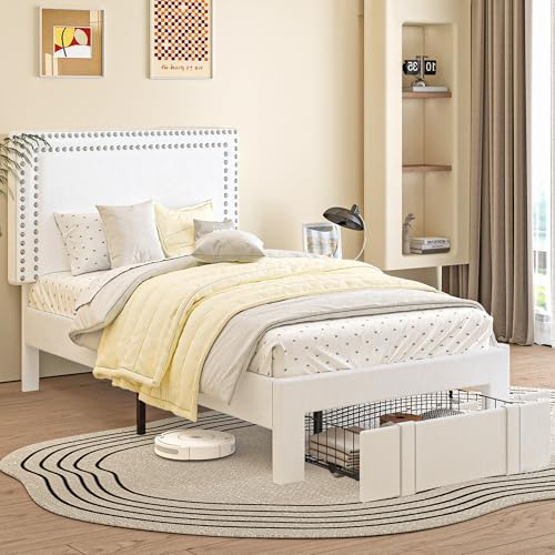 VECELO Twin Size Upholstered Storage Bed Frame with Adjustable Headboard - White