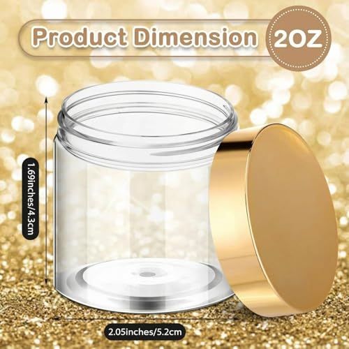 48 Pack 2 oz Clear Plastic Jars with Gold Lids - Refillable Storage Containers for Cosmetics, Spices, Crafts
