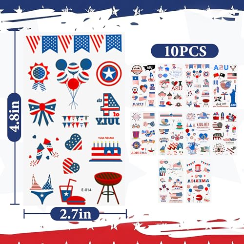 4th of July Tattoos,100PCS 4th of July Temporary Tattoos,Fourth of July Accessories,Red White and Blue Party Supplies Independence Day 2.7x 4.8 inches 10 Sheets