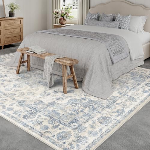 Blue & Neutral 6x9 Low Pile Area Rug - Vintage Floral Design, Machine Washable