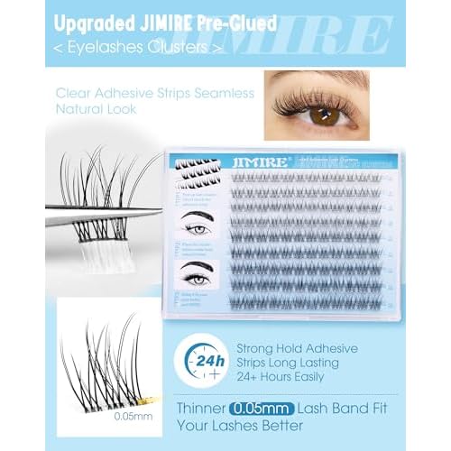 JIMIRE Natural Self Adhesive Eyelashes Wispy Pre Glued Lash Clusters No Glue Needed Press on Lashes Reusable Self Adhesive Lash Clusters Easy to Apply 9-12MM 108Pcs Pack