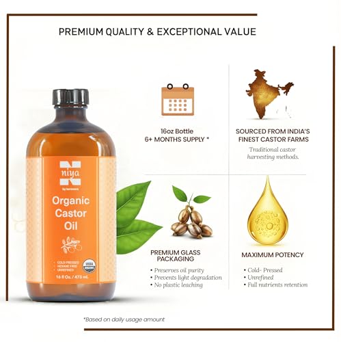 Terravera NIYAVERA Organic Castor Oil 16oz – Cold Pressed, Hexane Free, Glass Bottle
