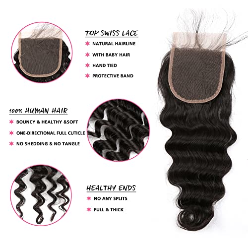 Remy Human Hair Lace Closure 4x4 Deep Wave Free Part 12-Inch Natural Black