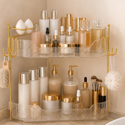 Crystal Silver Corner Bathroom Counter Organizer 2-Tier Vanity Storage with Brush Holder