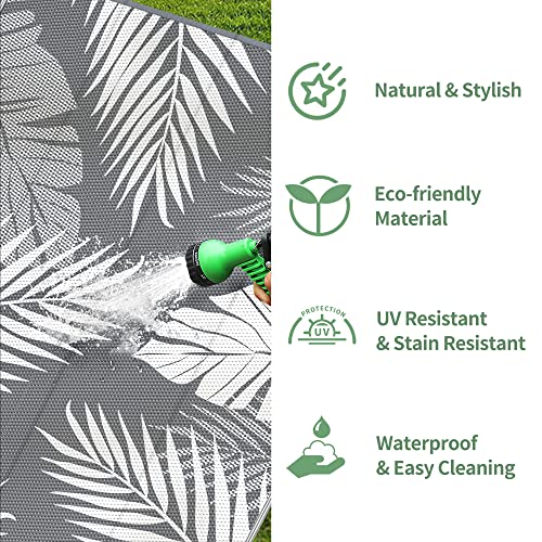 Outdoor Rug 8x10 ft Waterproof Plastic Rug with Palm Leaf Design - Grey & White