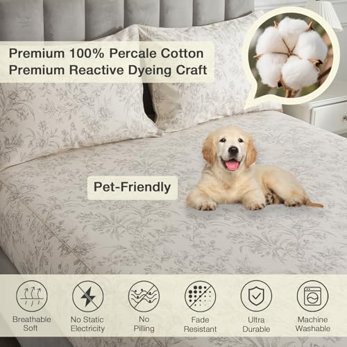 Light Beige Floral Percale Bed Sheets King Size 4-Piece Deep Pocket Set