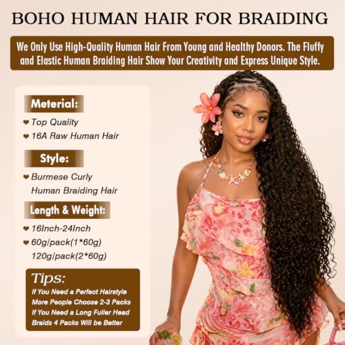 15A Water Wave Human Braiding Hair Extensions - Burmese Curly Spiral Ends, 18 Inch, 120g, Color 4 - Boho Braid Hair