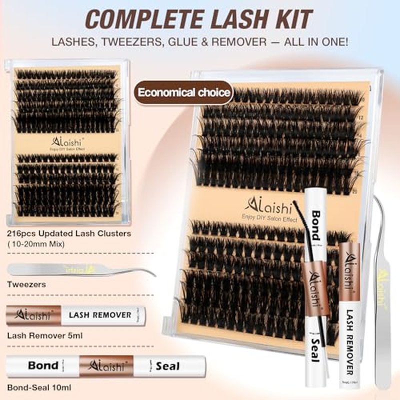 Lash Clusters Kit, DIY Cluster Eyelash Extensions 10?20mm, 80D+100D, 216pcs Fluffy D Curl Natural Lashes with Bond & Seal,Remover,Tweezers ? Fake Cat Eye Individual Clusters