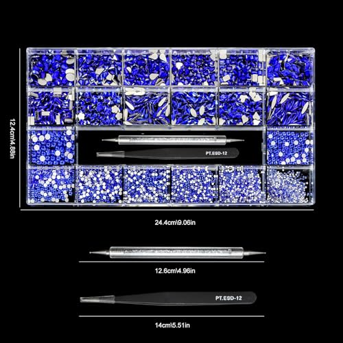Blue 12 Types Diamond Rhinestones 2500 Flatback Mix 20 Styles DIY Nail Art + Tweezers