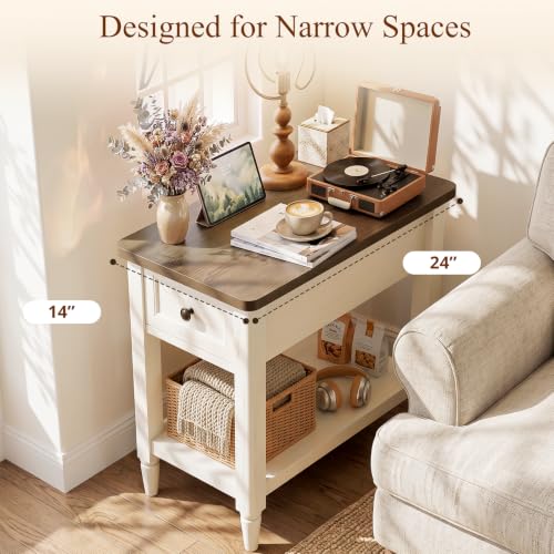 Narrow Rustic White Side Table with Charging Station - Cracked Oak Variation, 14" Wide