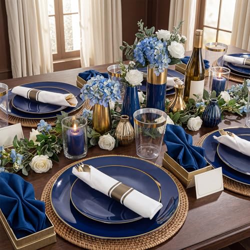 KIRE 350Pcs Blue and Gold Disposable Dinnerware Set - Heavy Duty Plates, Cups, Napkins & Silverware for Parties