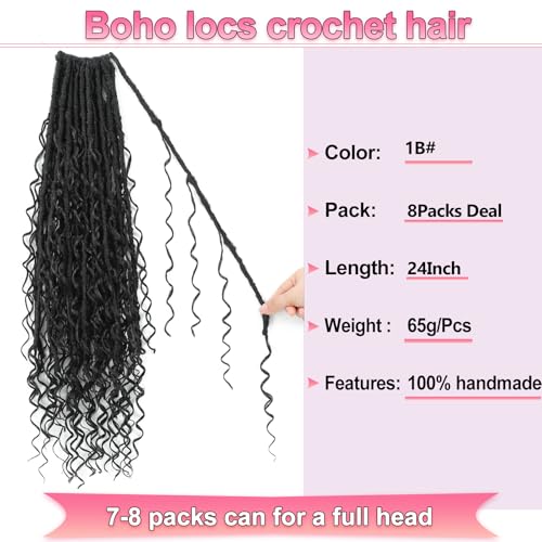Alaleibaby 24 Inch Boho Faux Locs Crochet Hair 8 Packs - Goddess Soft Locs with Curly Ends for Black Women