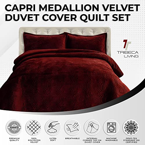 Queen Burgundy Velvet Quilt Set - Capri Medallion Luxury Bedding