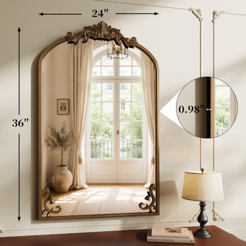 Vintage Wall Mirror 36x24 Inch Arched Antique Frame - Dark Gold Bronze