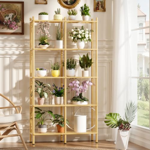 Natural 5-Tier Bamboo Book Shelf - Tall Wide Bookshelf with 10 Adjustable Shelves
