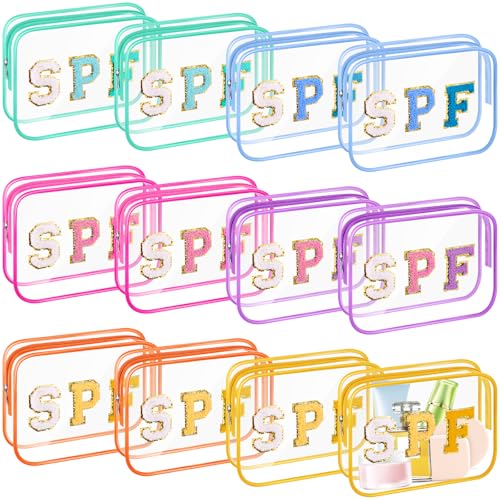 Kacctyen 12 Pcs Spf Clear Makeup Bags Bulk Waterproof Sunscreen Pouch Beach Pool Bag Chenille Letter Patch PVC Preppy Travel Toiletry Cosmetic Zipper Organizer for Women Girls Summer Vacation Gifts