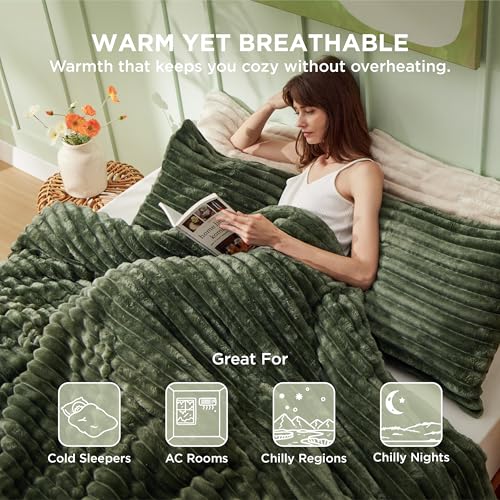 Queen Fluffy Comforter Set - 90x90 Olive Green Cozy Bedding with Pillowcases