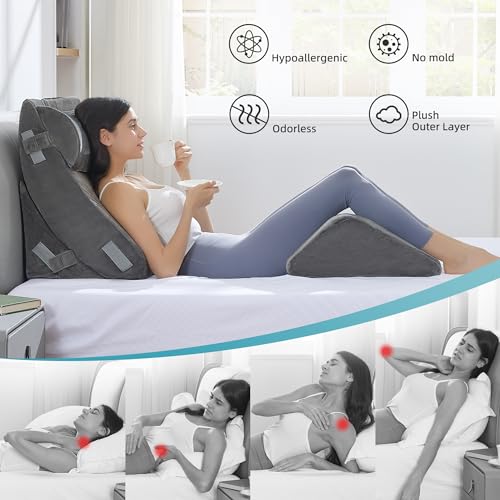 Grey 4-Piece Orthopedic Bed Wedge Pillow Set for Sleeping, Post Surgery Support