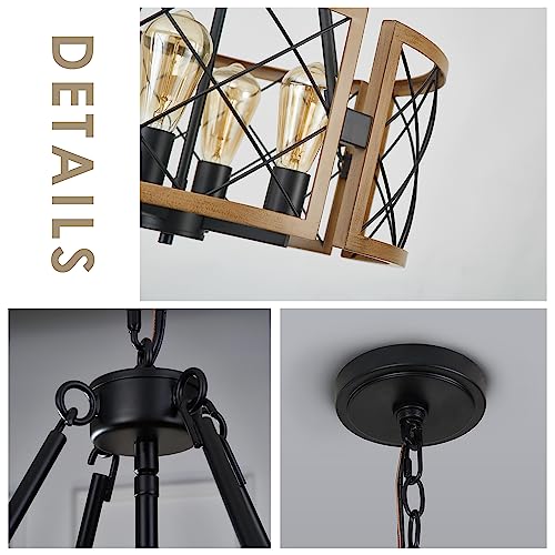 Farmhouse Chandelier Pendant Light Fixture - 4-Light Adjustable Vintage Pendant for Dining & Entryway - Dark Oak & Black