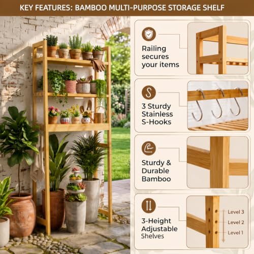 BAMBANG Natural Bamboo Over-the-Toilet 3-Tier Storage Shelf with Adjustable Height & Hooks
