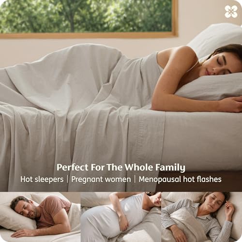 Queen Linen Beige Bed Sheets Set - Breathable Cotton-Linen Blend, 4 Pieces