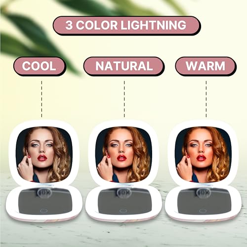 NJ GLAM Blush Marble LED Lighted Makeup Mirror 3.9 Inch Dual-Sided 1x/10x Magnification with Auto On/Off & USB Charging