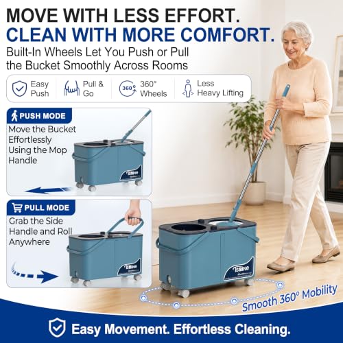 RinseWise Large Gen 1 Mop Bucket Set with 6 Microfiber Heads, Blue & Grey, 2-Gallon Capacity