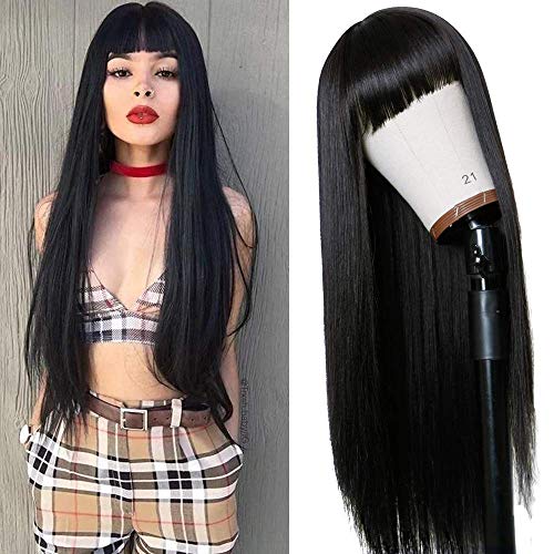 Long Straight Remy Hair Wig 26 Inches Natural Black Heat Resistant Full Machine Wig with Bangs