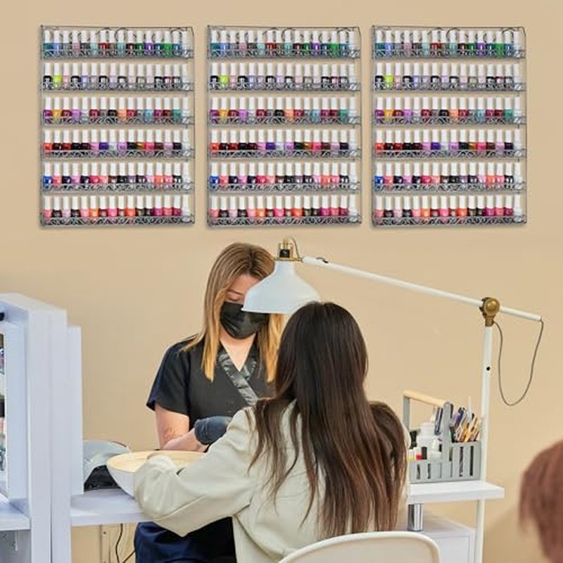 AMT Metal Nail Polish Racks for The Wall | Clear Nail Polish Display | Essential Oils Organizer | Holds up to 108 Bottles (Silver)