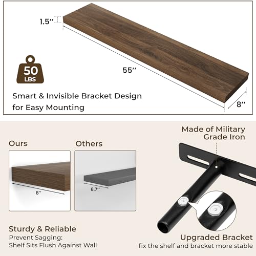 Walnut Floating Wall Shelves Set of 2 - 55 Inches Long, Rustic Modern Design