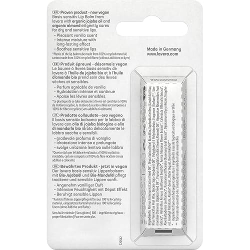 lavera basis sensitiv Lip Balm - for sensitive lips - moisturises & soothes - with organic jojoba oil & organic almond oil - vegan