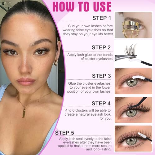 Natural Lash Clusters Wispy Lash Extensions with Bottom Lashes Clean Girl Makeup C Curly Eyelash Clusters with Invisible Band DIY Individual Lashes 132Pcs No Makeup Look