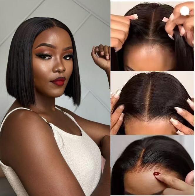 10 Inch Natural Color Velvet Grip Bob Wig - 12x5 HD Lace Human Hair, Pre Plucked & Cut
