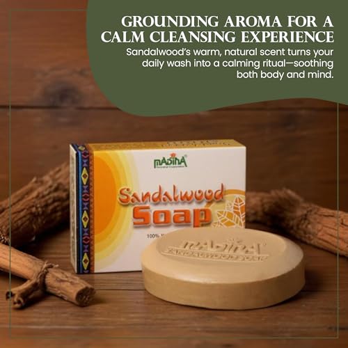 Madina Sandalwood Soap Bar ? Moisturizing, Gentle Cleanser, Aromatic Sandalwood, Vitamin E, Aloe Vera, 100% Vegetable-Based, For All Skin Types, 6 Pack (3.5 oz Each)