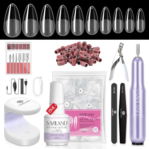 SAVILAND Almond Gel Nail Tips Kit with UV Lamp & Nail Drill - 14-Almond