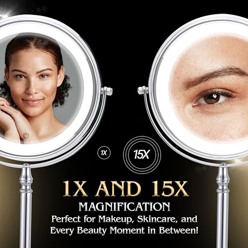 Super Zoom 15X Magnifying Makeup Mirror with Lights - 15X & 1X Make Up Vanity Mirror with 3 Lighting Modes, Rechargeable Battery with USB Cable - 8" Wide & 15" Tall (Chrome)