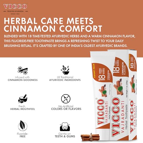 Vicco Vajradanti Cinnamon Herbal Toothpaste 70-Year Ayurveda Legacy, Fluoride-Free, 7 oz Pack of 3