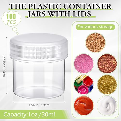 Meanplan 100 Pcs 1 oz Plastic Container Jars with Lids Round Leak Proof Refillable Small Cosmetic Jars for Lotion, Cream, Makeup, Eye Shadow, Rhinestone, Samples, Pot, Travel Storage(Clear)