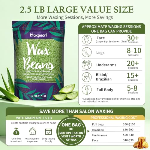 Green Aloe Wax Beads for Sensitive Skin 2.5LB Hard Wax Beans Refill Pack
