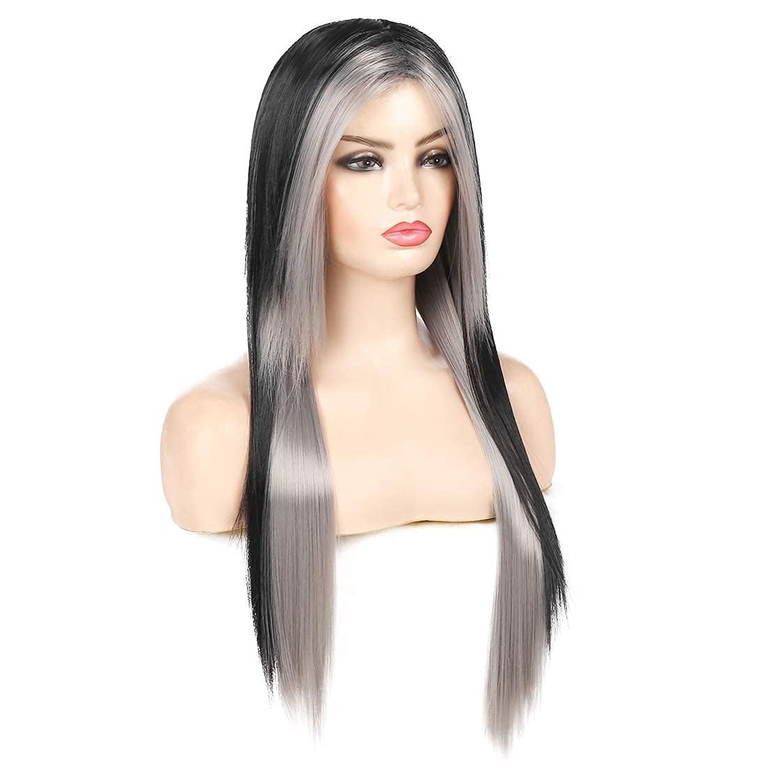 Silky Straight Long Red Black Wig with Side Bangs - Heat Resistant Synthetic Hair for Halloween