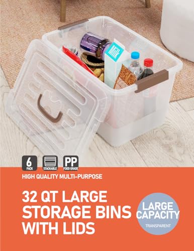 32 Qt Plastic Storage Bin with Lids & Buckles - 6 Pack, Stackable & Clear