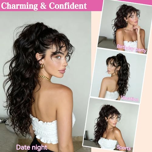 26 Inch Claw Clip Ponytail Extension with Drawstring - Black Brown
