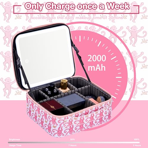 Travel Makeup Bag Organizer with LED Mirror, Portable Monkey Cosmetic Train Case with Adjustable Dividers, Brush Storage Board for Women Christmas Thanksgiving Valentine Birthday Gift (Pink)