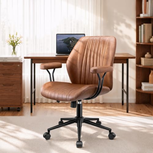 Brown Leather Office Chair - Ergonomic Executive Home Desk Chair with Removable Armrests