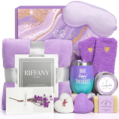Lavender Spa Gift Basket for Women with Purple Flannel Blanket - Relaxing Care Set