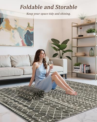 Black 8x12 Moroccan Style Area Rug - Washable Non-Slip Living Room Carpet