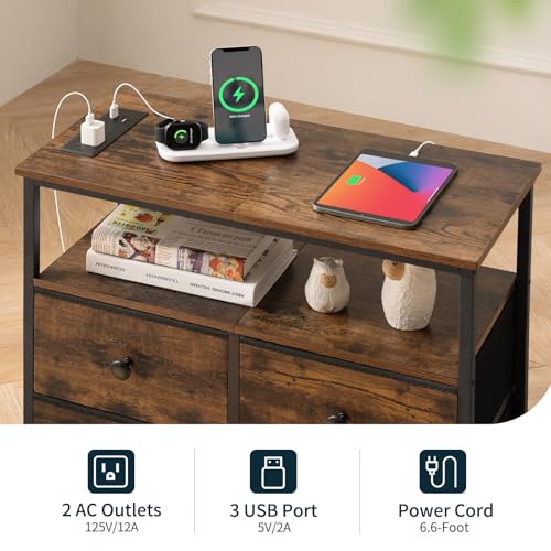Yoobure Rustic Brown Nightstand with Charging Station & LED Light, 4 Drawers